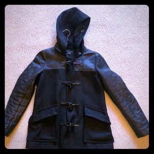 Theory leather armed toggle front pea coat